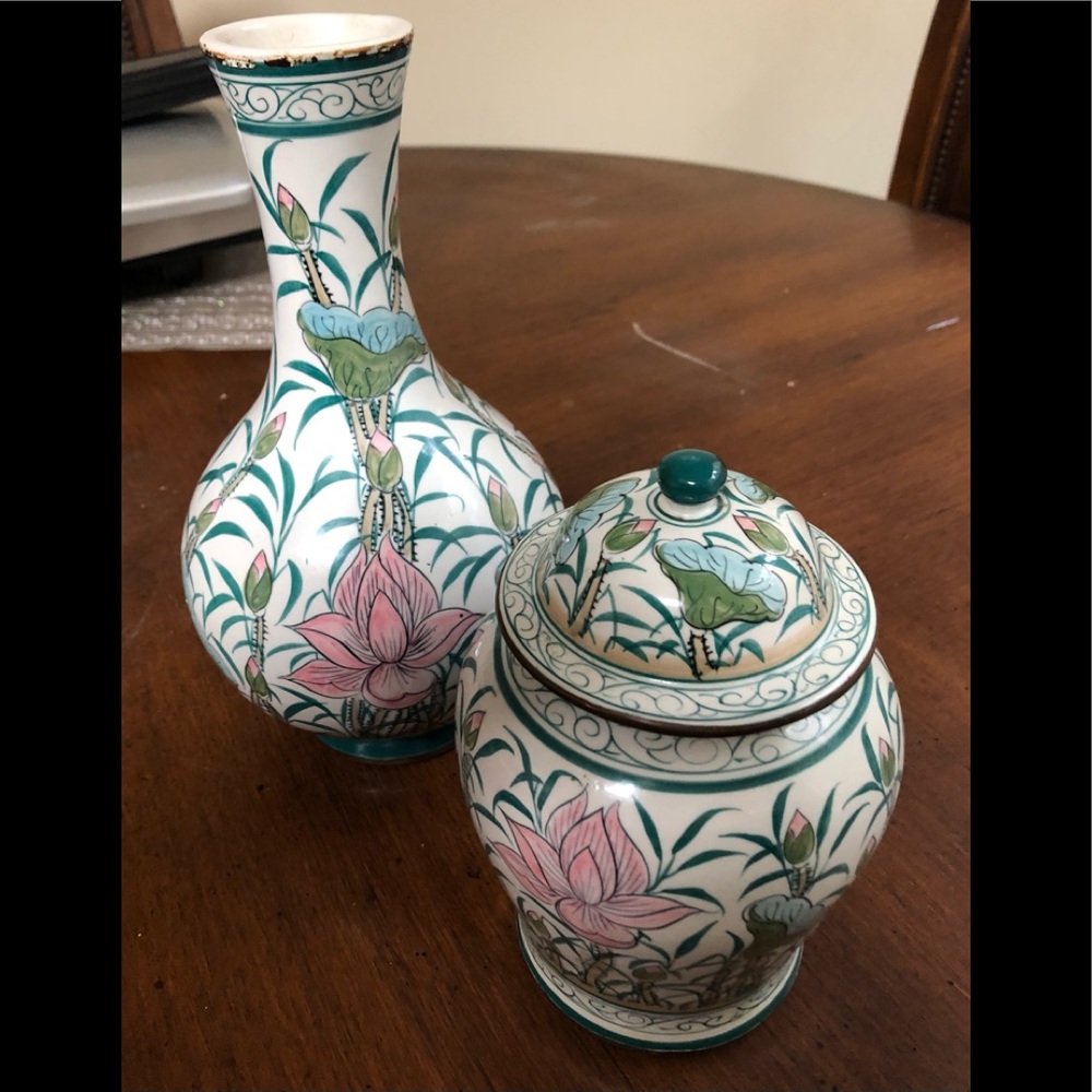 Thailand hand painted matching floral vases